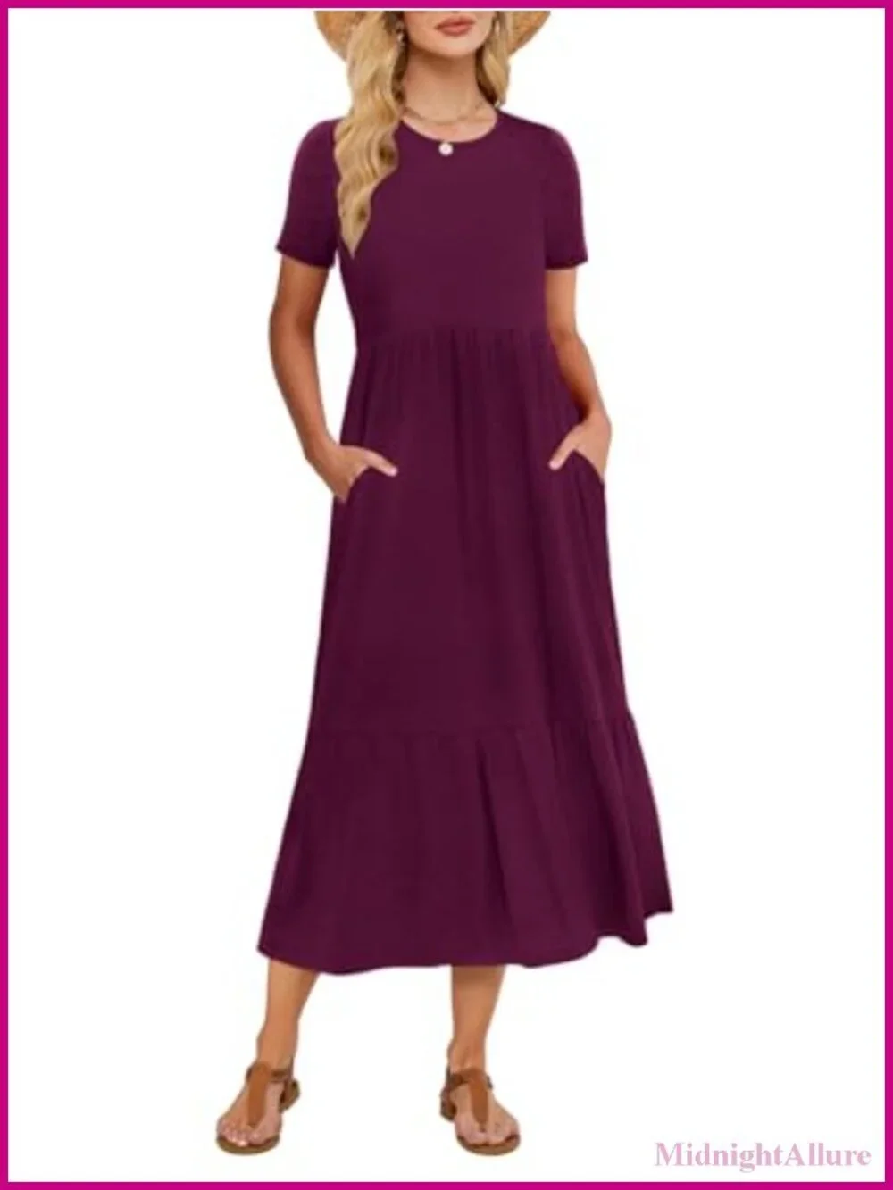 Women's Summer Maxi Dress Short Sleeve Crewneck Flowy Swing Tiered Long Beach
